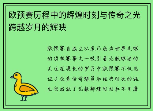 欧预赛历程中的辉煌时刻与传奇之光跨越岁月的辉映