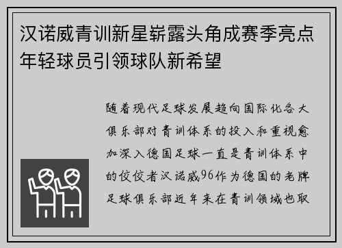 汉诺威青训新星崭露头角成赛季亮点年轻球员引领球队新希望