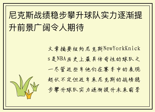 尼克斯战绩稳步攀升球队实力逐渐提升前景广阔令人期待