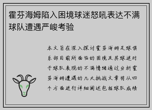霍芬海姆陷入困境球迷怒吼表达不满球队遭遇严峻考验