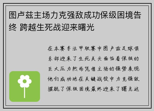 图卢兹主场力克强敌成功保级困境告终 跨越生死战迎来曙光