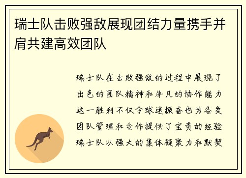 瑞士队击败强敌展现团结力量携手并肩共建高效团队