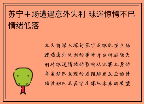 苏宁主场遭遇意外失利 球迷惊愕不已情绪低落