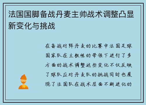 法国国脚备战丹麦主帅战术调整凸显新变化与挑战