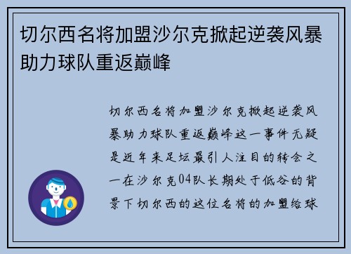 切尔西名将加盟沙尔克掀起逆袭风暴助力球队重返巅峰
