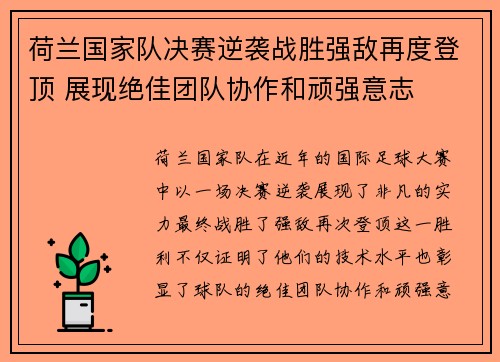 荷兰国家队决赛逆袭战胜强敌再度登顶 展现绝佳团队协作和顽强意志