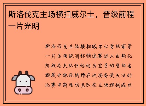 斯洛伐克主场横扫威尔士，晋级前程一片光明