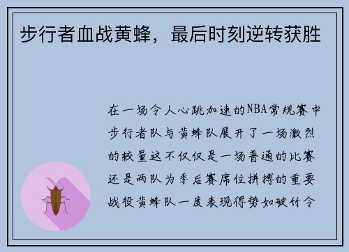 步行者血战黄蜂，最后时刻逆转获胜