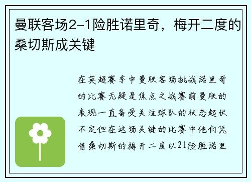 曼联客场2-1险胜诺里奇，梅开二度的桑切斯成关键