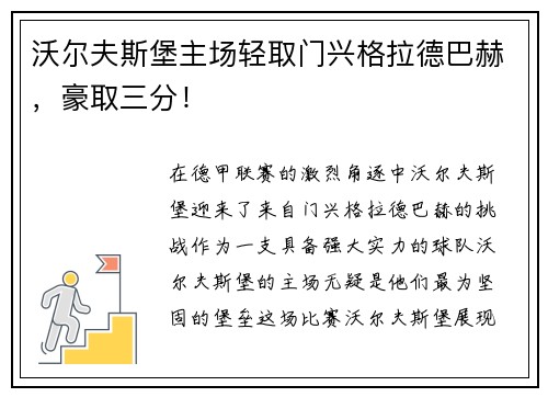 沃尔夫斯堡主场轻取门兴格拉德巴赫，豪取三分！