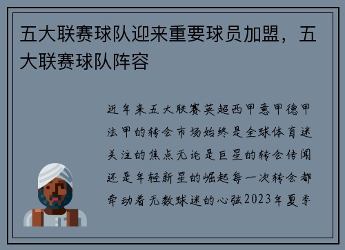 五大联赛球队迎来重要球员加盟，五大联赛球队阵容