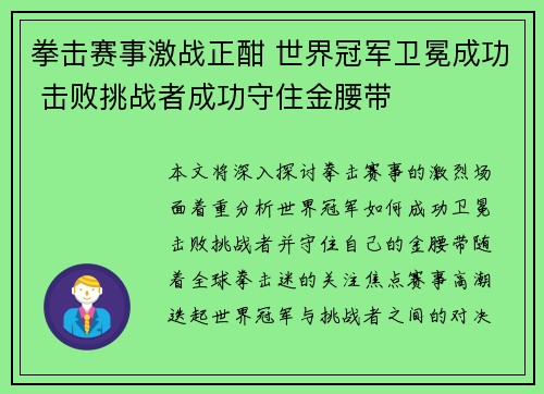 拳击赛事激战正酣 世界冠军卫冕成功 击败挑战者成功守住金腰带