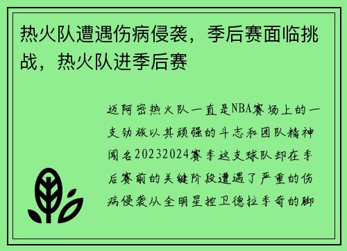 热火队遭遇伤病侵袭，季后赛面临挑战，热火队进季后赛