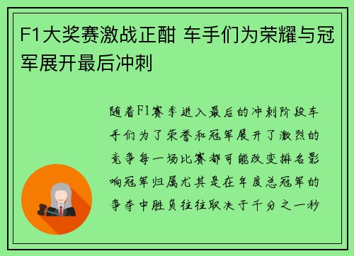 F1大奖赛激战正酣 车手们为荣耀与冠军展开最后冲刺