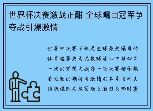 世界杯决赛激战正酣 全球瞩目冠军争夺战引爆激情
