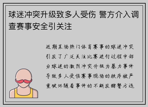 球迷冲突升级致多人受伤 警方介入调查赛事安全引关注