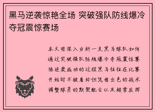 黑马逆袭惊艳全场 突破强队防线爆冷夺冠震惊赛场